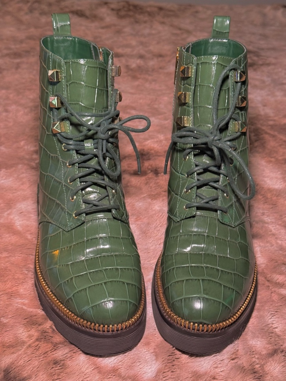 Michael Kors Green Crocodile-Embossed Leather Lace-Up Boots - Picture 2 of 10